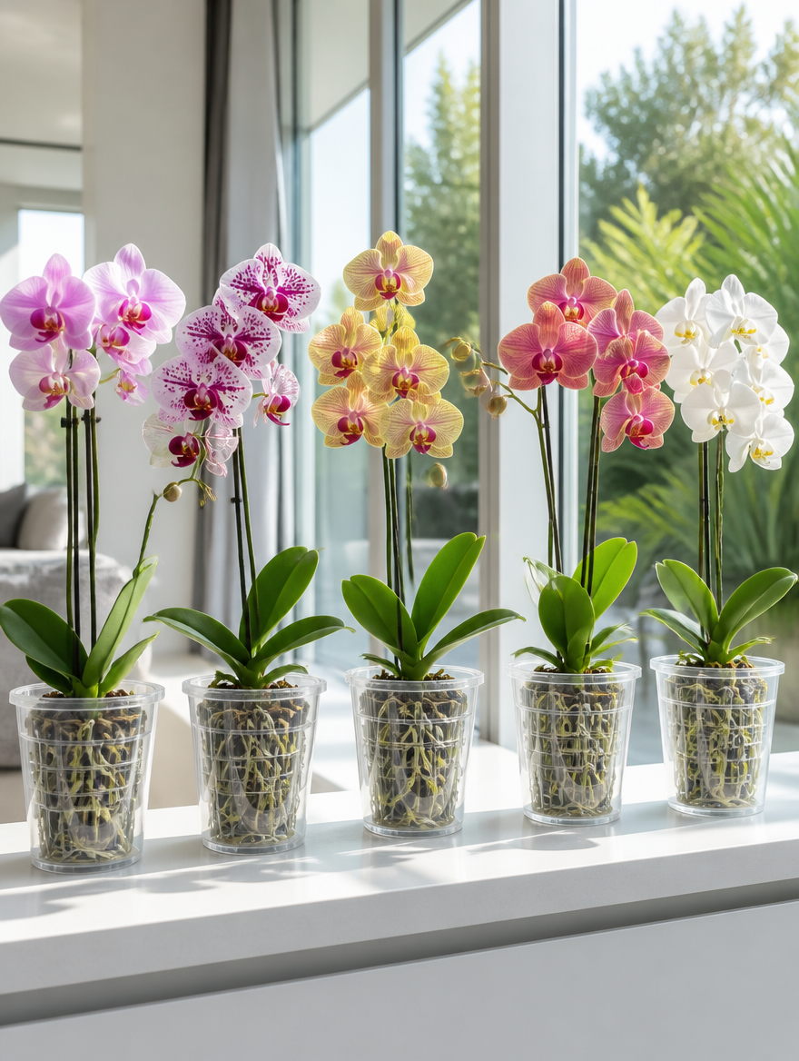 Transparent orchid pots with healthy plants on sunroom windowsill