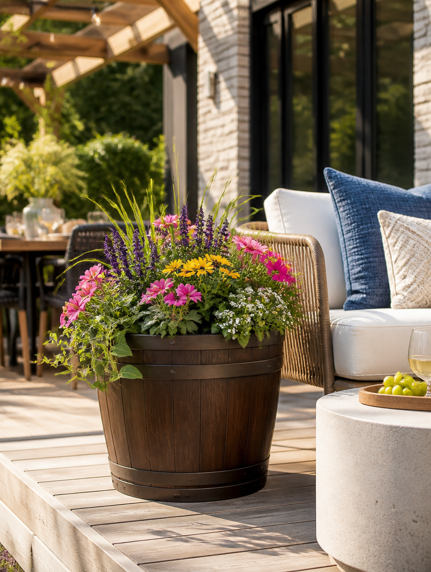 Wooden barrel style planter on sunlit deck