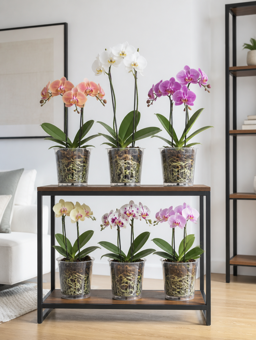 Clear root control pots on modern plant stand in living room