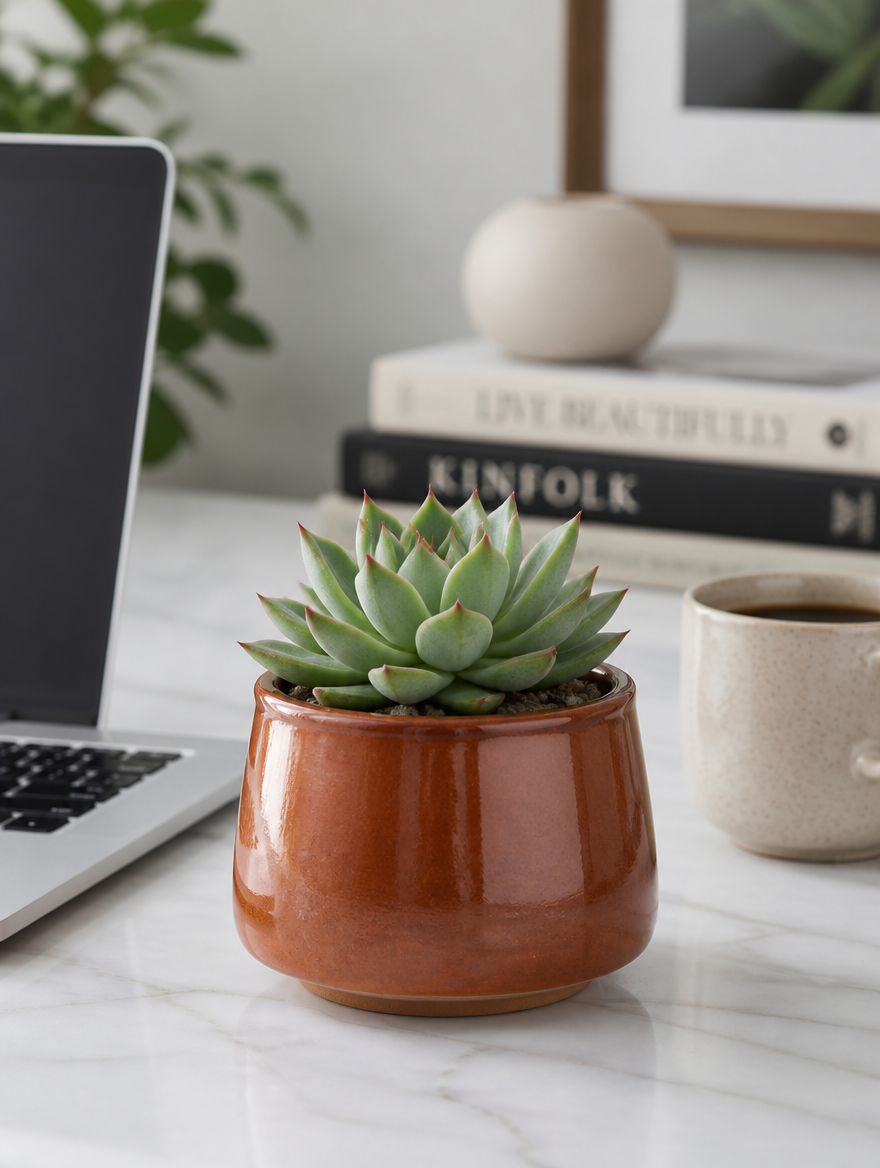 Glazed ceramic succulent planter on marble home office desk