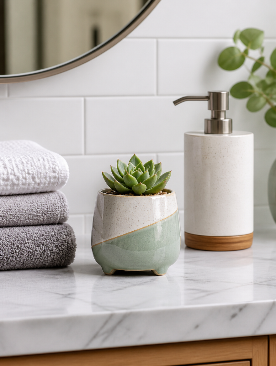 Glazed ceramic planter in bright spa-like bathroom
