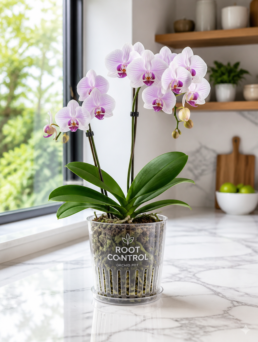 Transparent orchid pot on contemporary kitchen counter