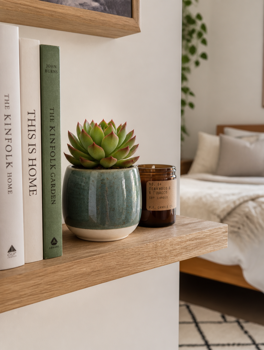 Mini ceramic plant pot on Scandinavian bedroom shelf