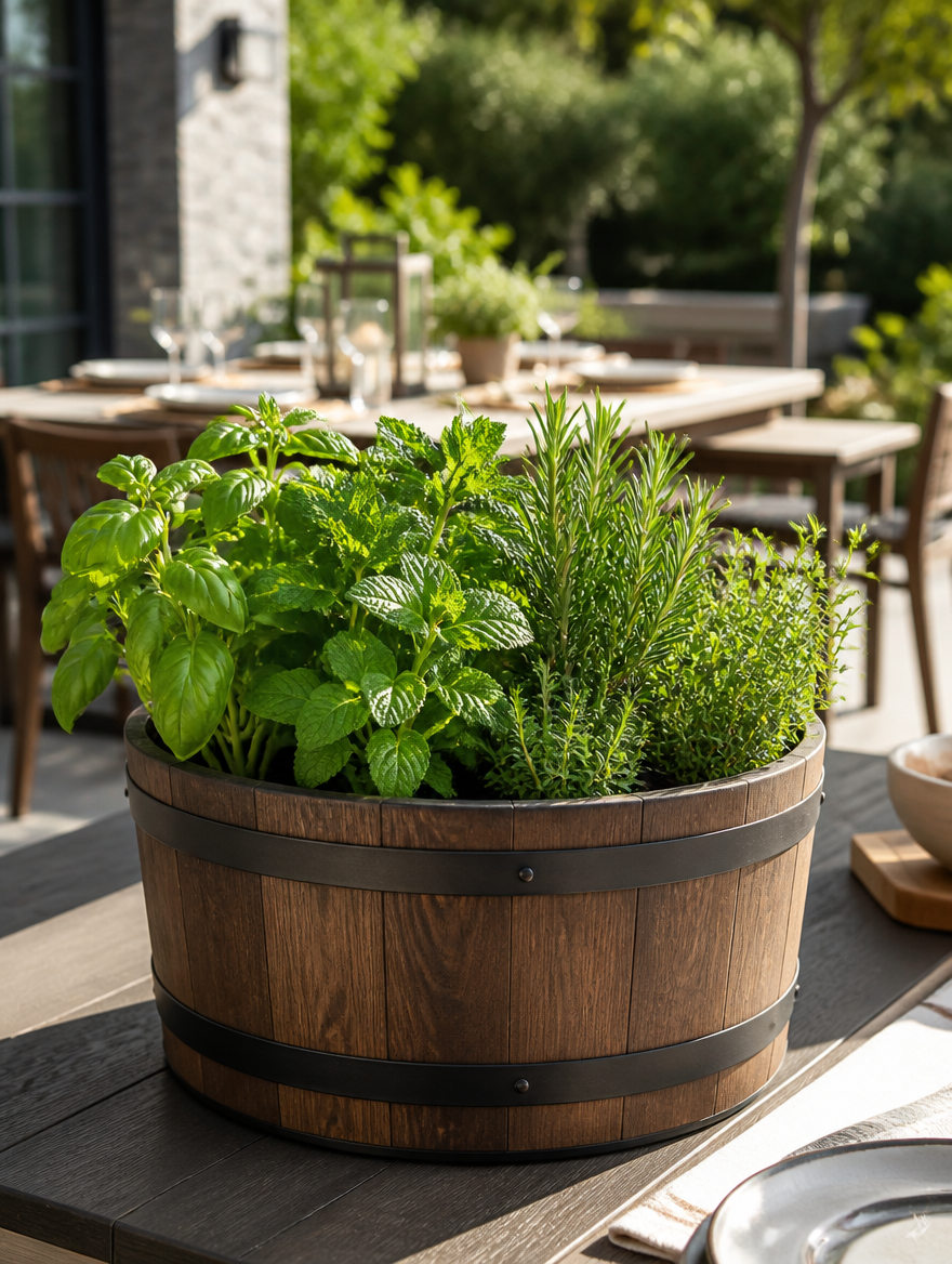 Barrel planter with herbs on outdoor patio table