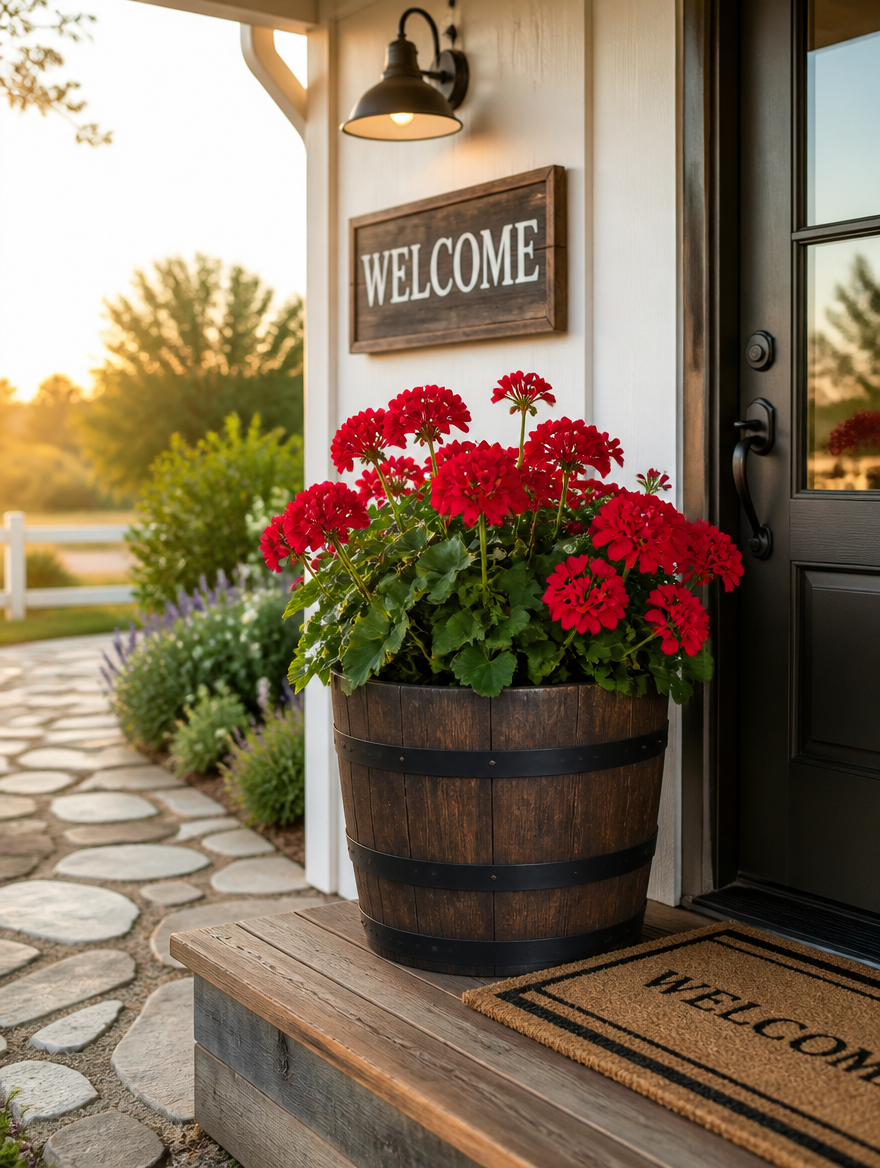 Walnut barrel planter with geraniums on farmhouse porch