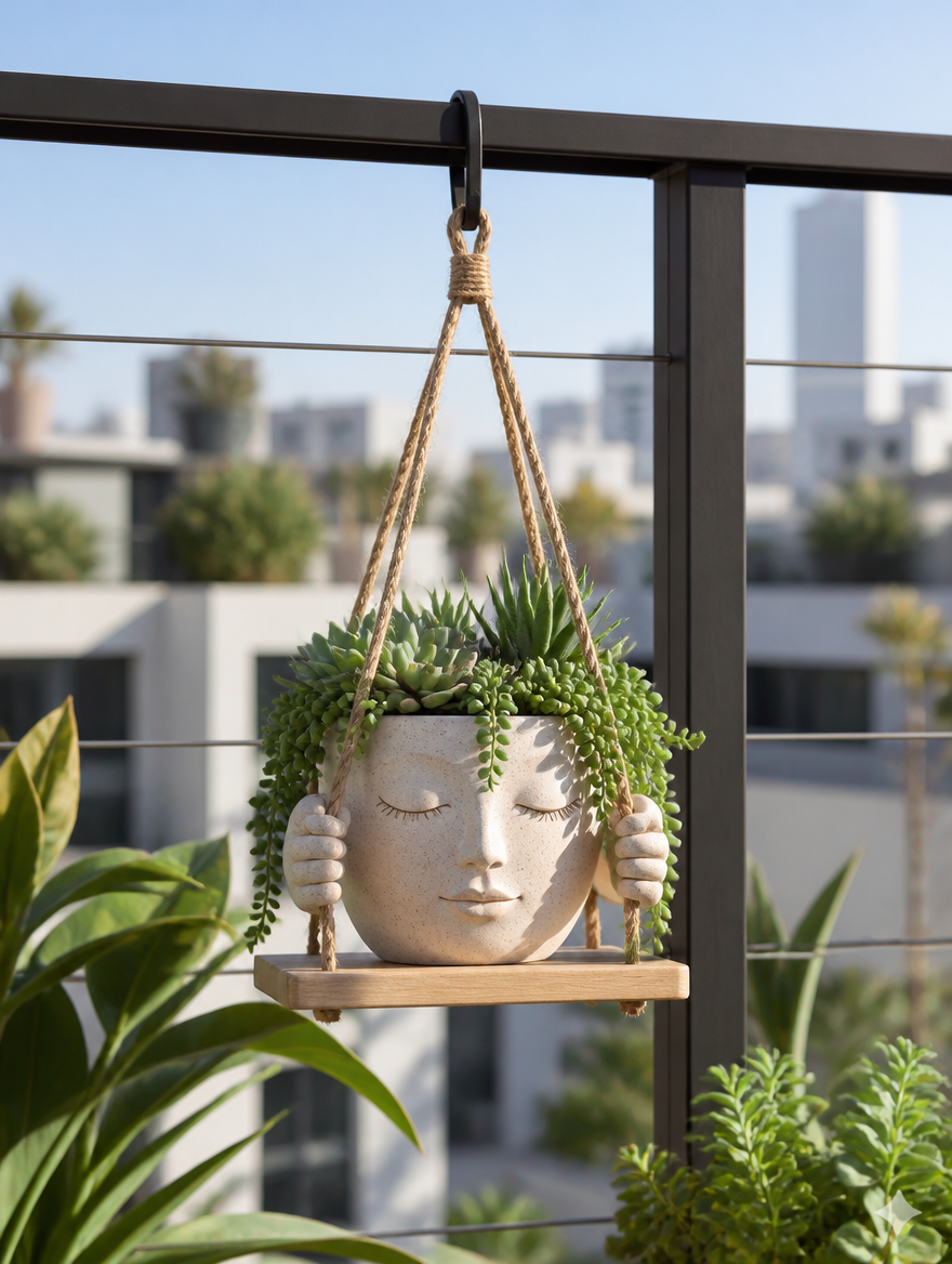 Swing face hanging planter with succulents on modernized balcony