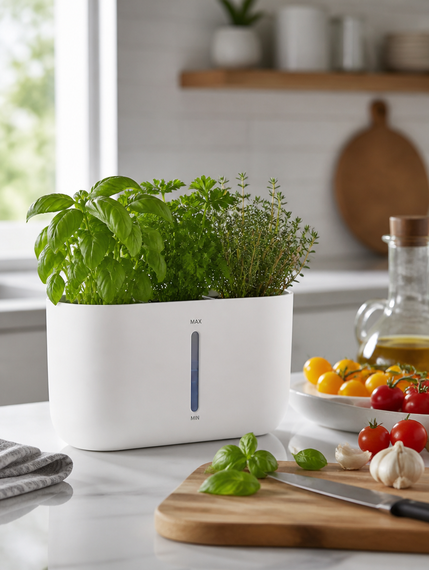 Self-watering planter with herbs on kitchen counter