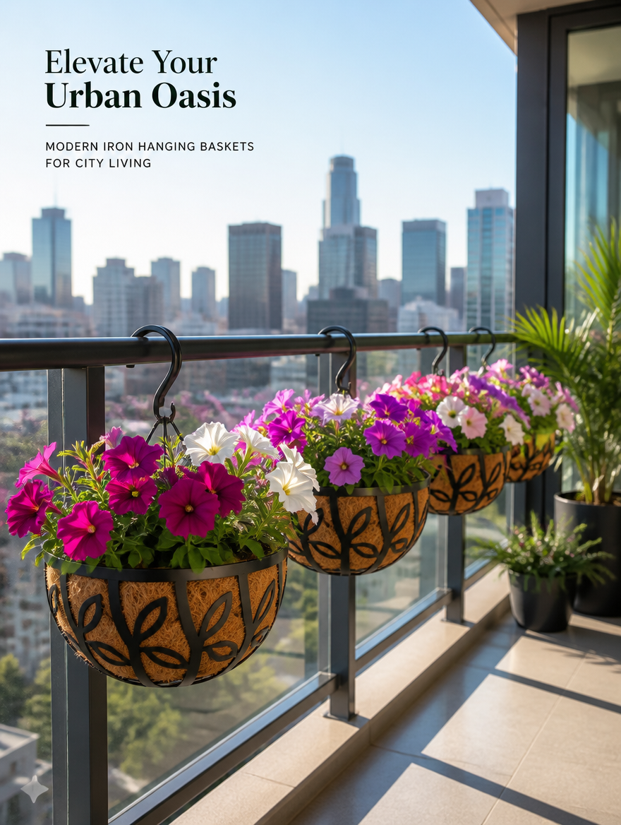 Hanging plant baskets on modern balcony railing
