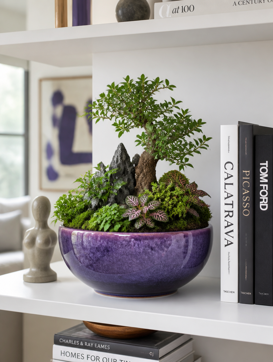 Ceramic micro landscape planter on bookshelf