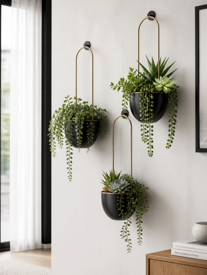 Metal hanging flower pots in Scandinavian interior
