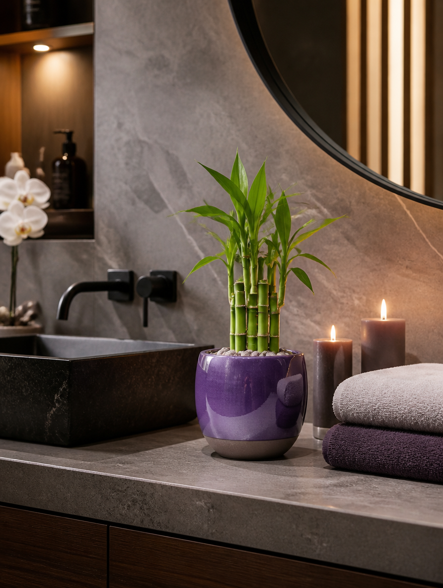 Purple ceramic pot on spa bathroom vanity