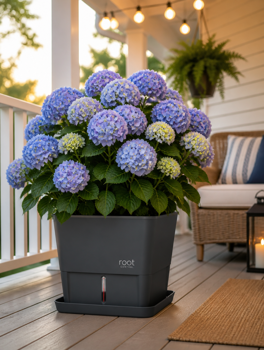 Root control planter with hydrangea on covered porch
