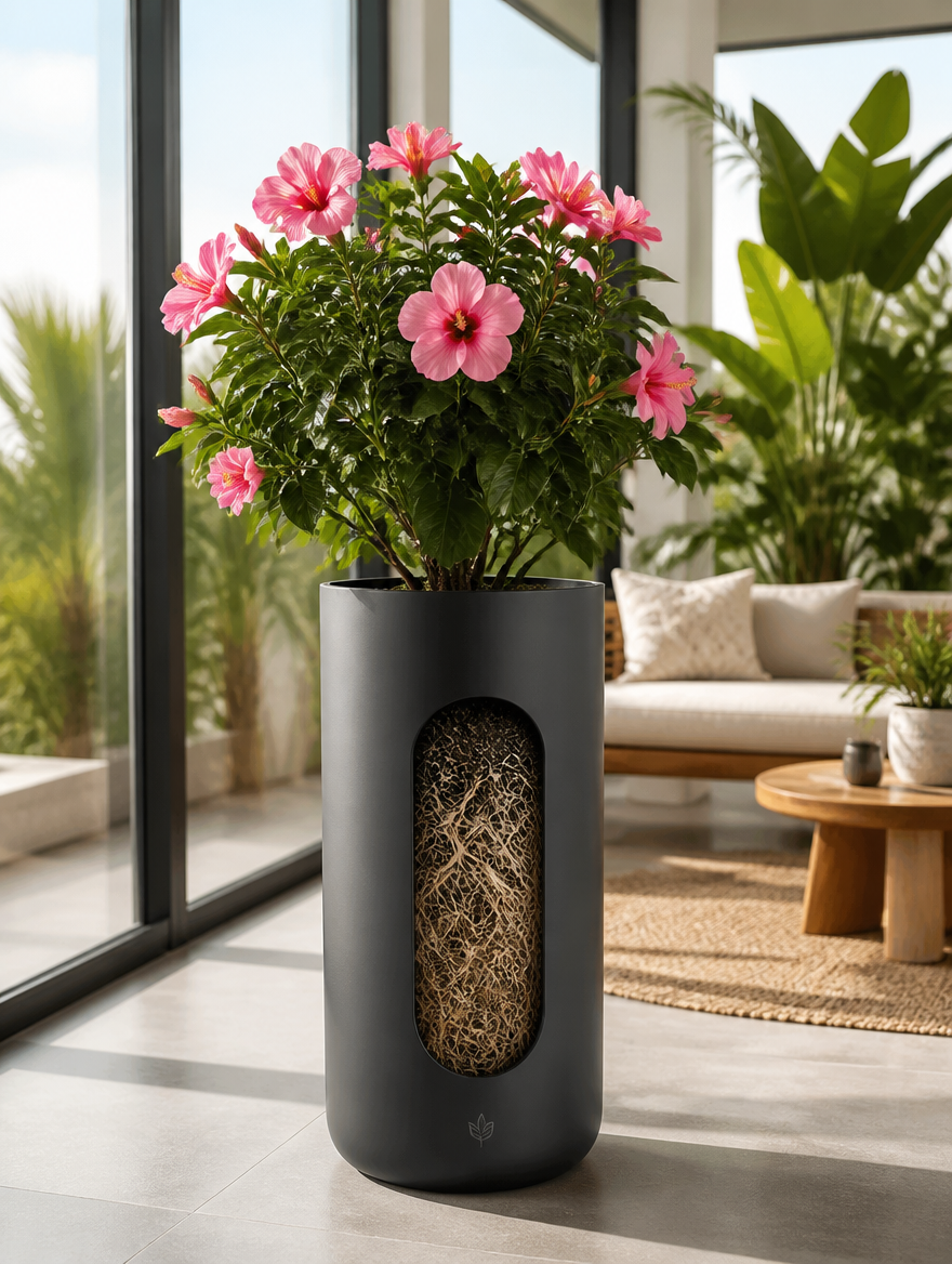 Root control vase in contemporary sunroom