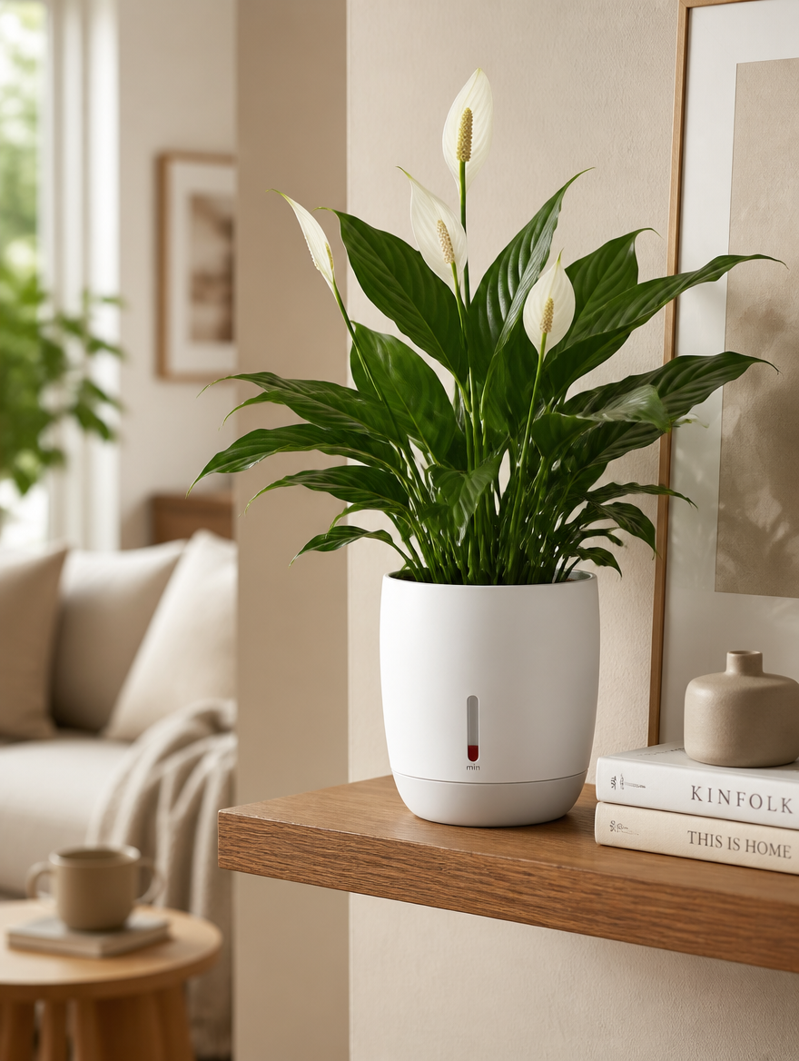 Self-watering plant pot on living room shelf