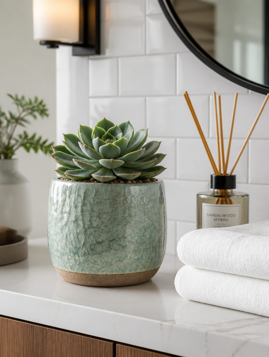 Ice-crack glaze planter on spa bathroom vanity