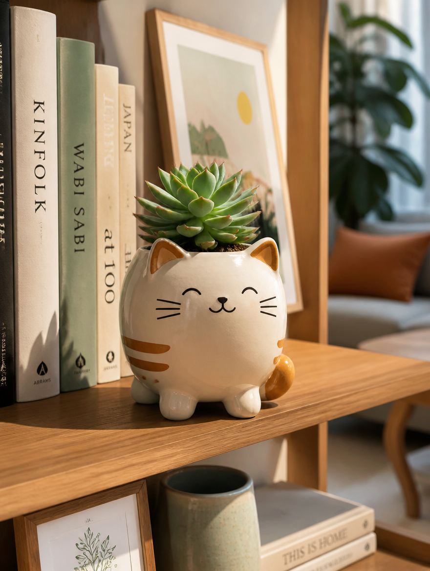 Cat planter on living room bookshelf