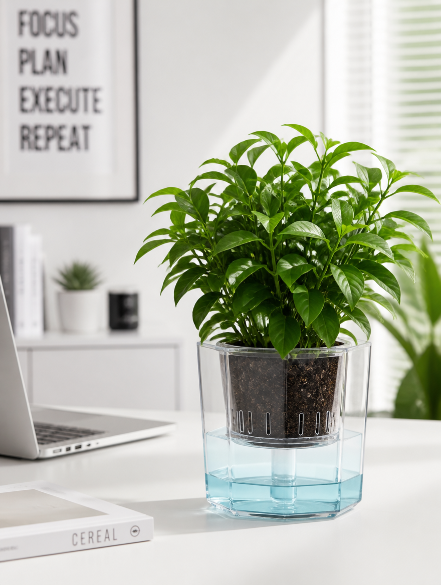 Hexagonal self-watering planter on minimalist desk