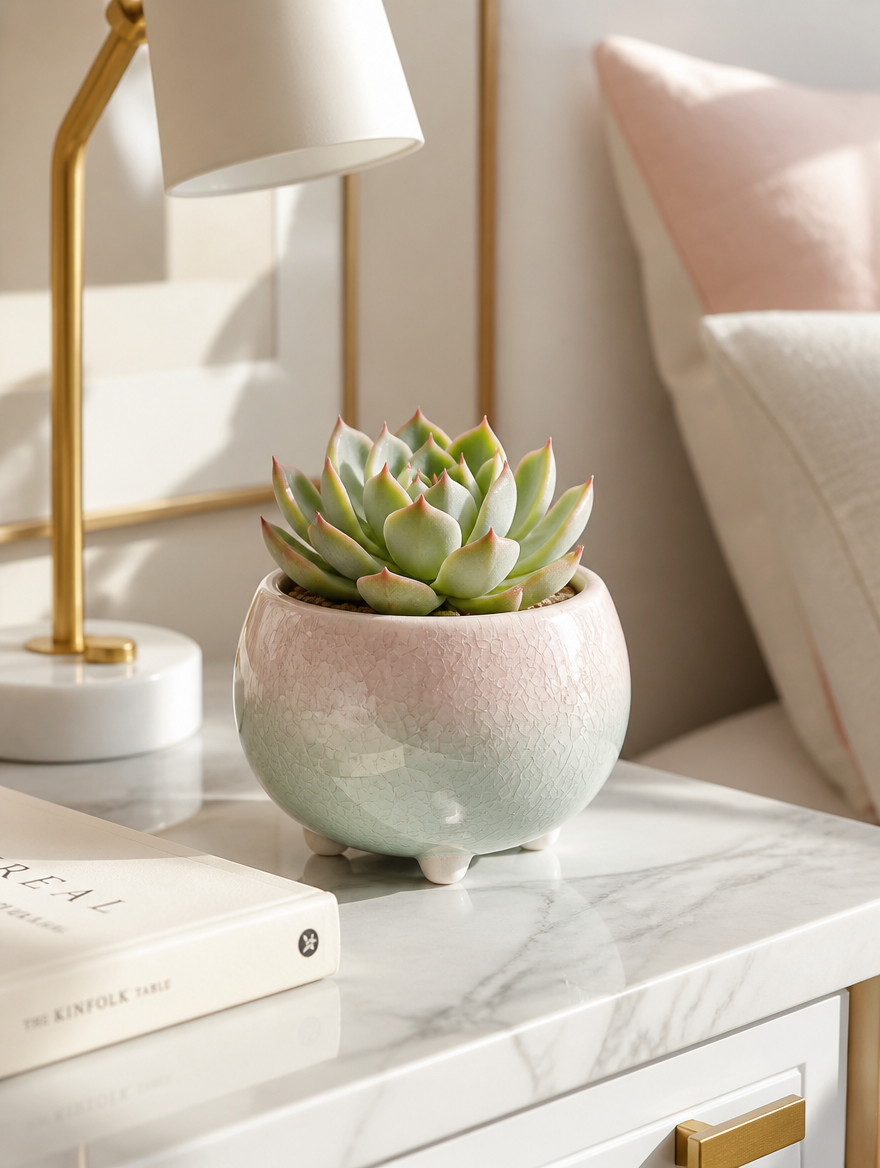 Ice-crack glaze succulent planter on bedroom nightstand