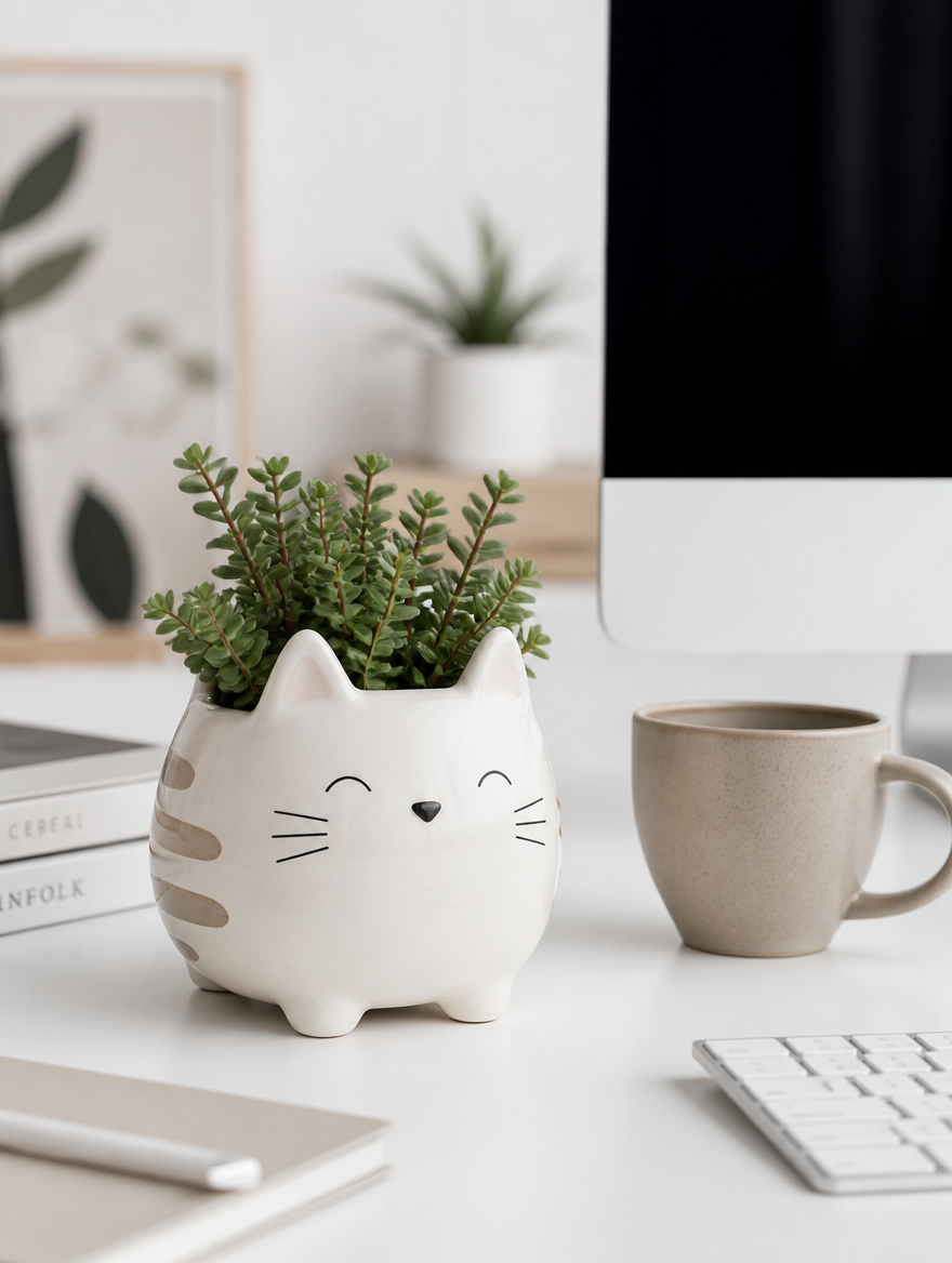 Cat succulent flowerpot on home office desk