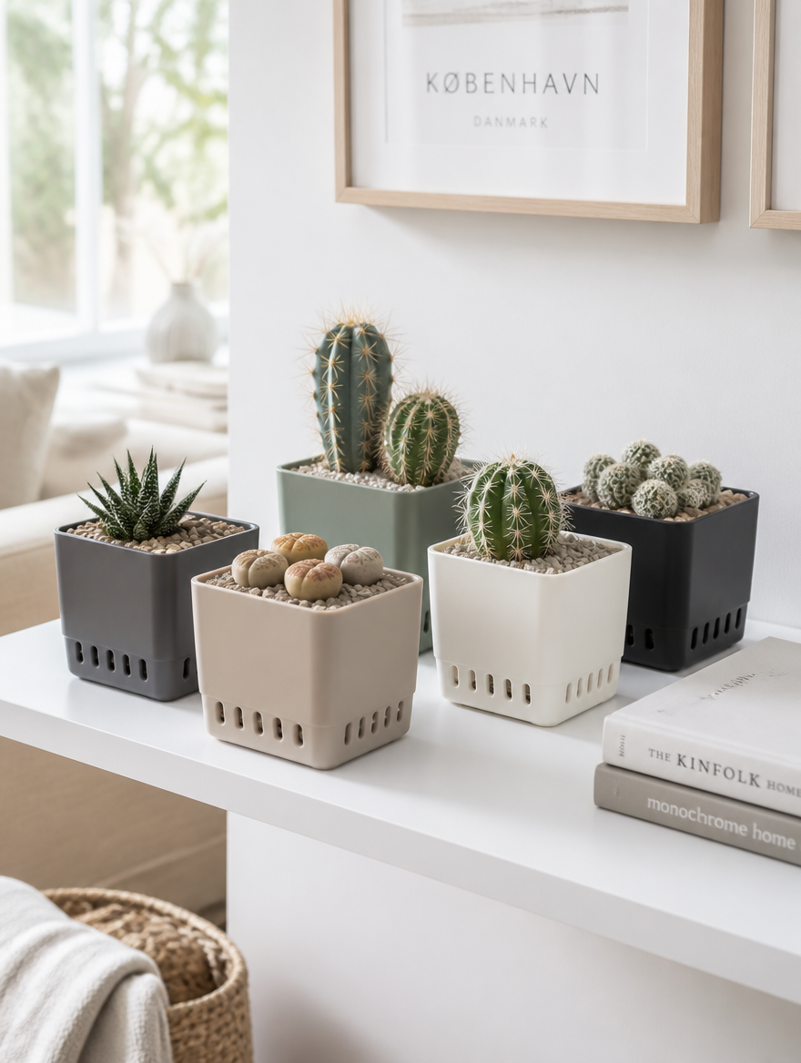 Square succulent planters on Scandinavian living room shelf