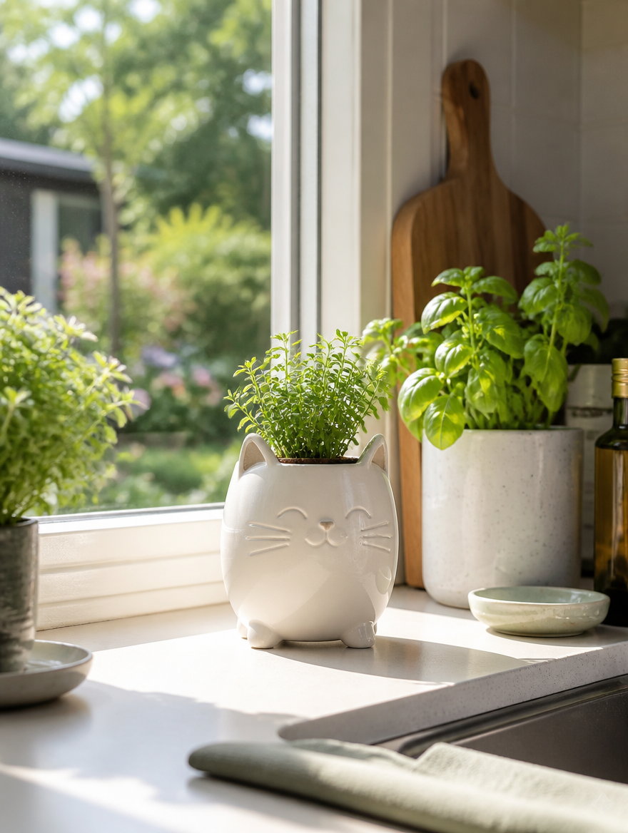 Cat flower pot on kitchen windowsill