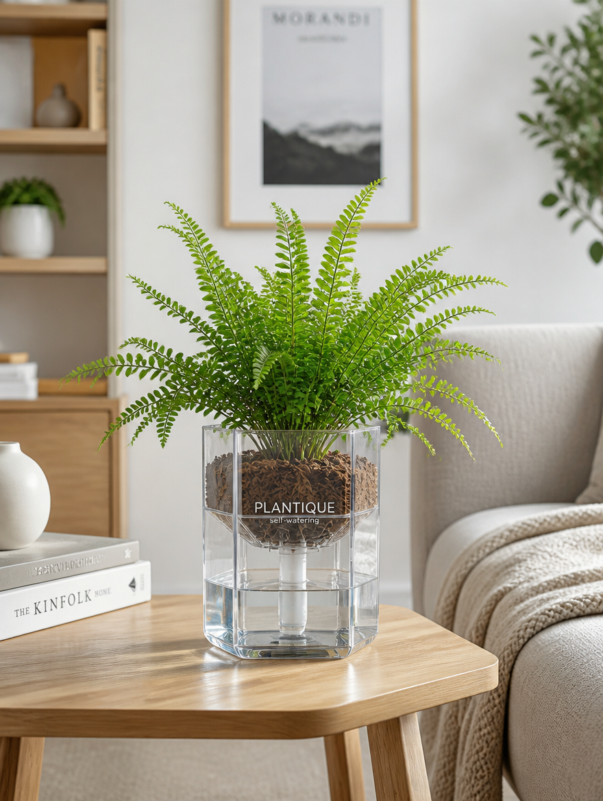 Transparent hexagonal planter in Scandinavian living room