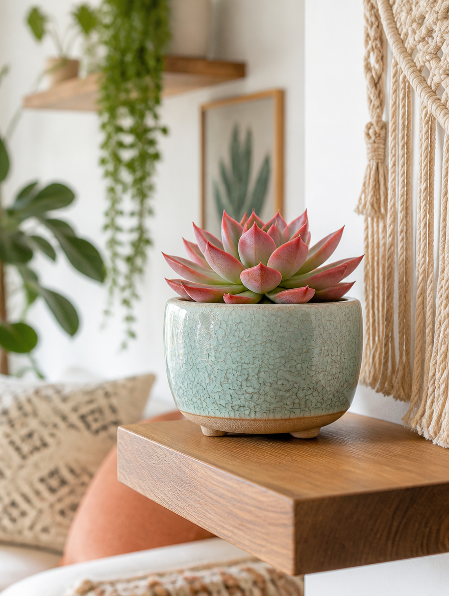 Mini glazed ceramic pot on bohemian living room shelf