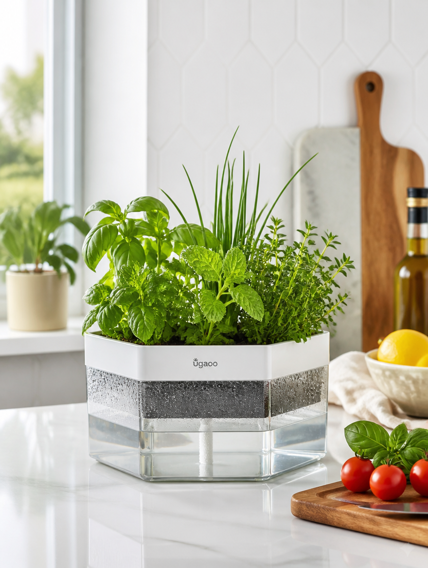 Hexagonal self-watering planter on kitchen counter