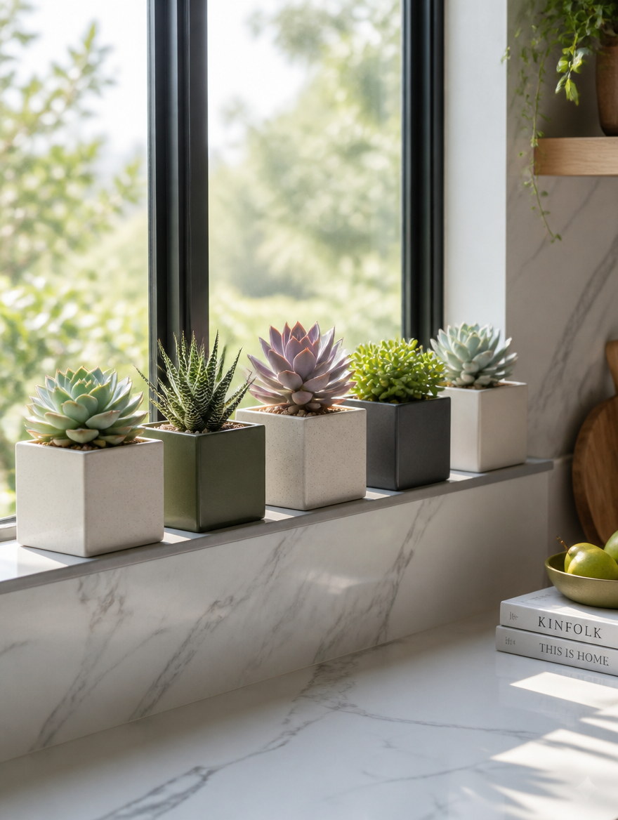 Succulent pots on kitchen windowsill