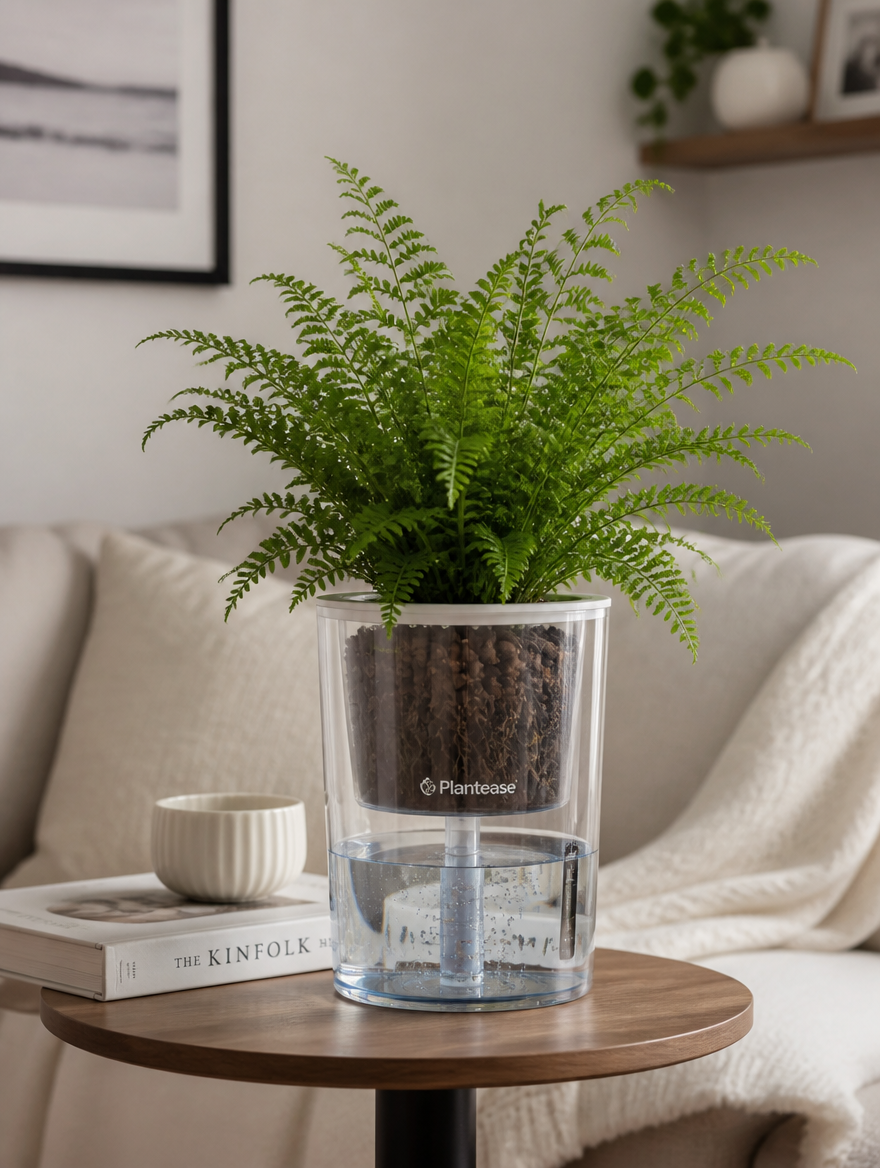 Self-watering hydroponic pot in cozy living room
