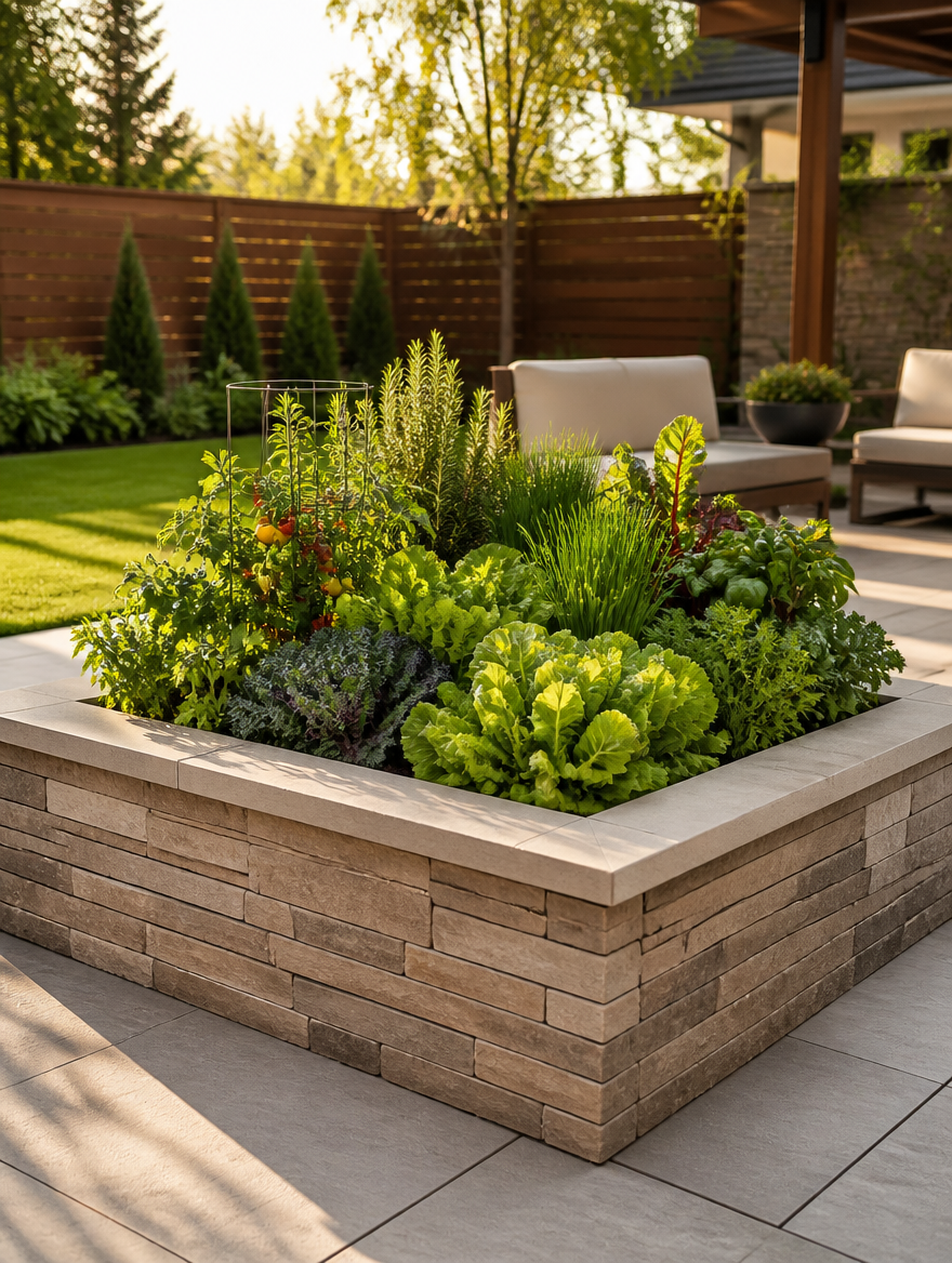 Raised garden bed with vegetables on backyard patio