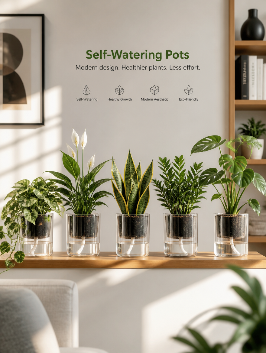 Self-watering orchid pots on living room shelf