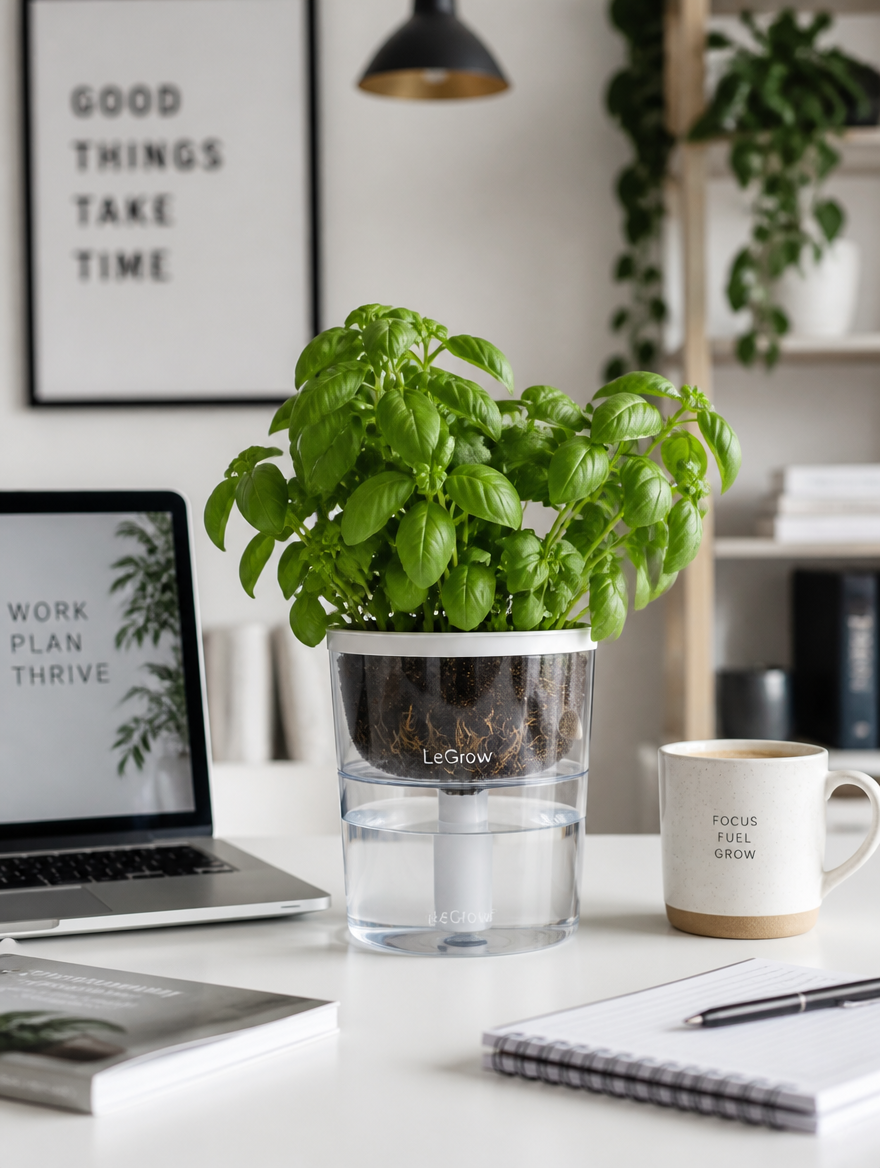 Self-watering orchid pot on home office desk