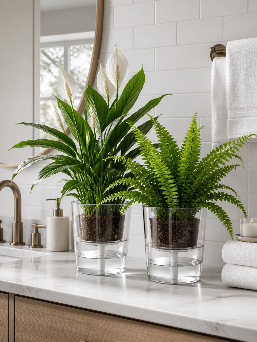 Transparent orchid pots on bathroom vanity