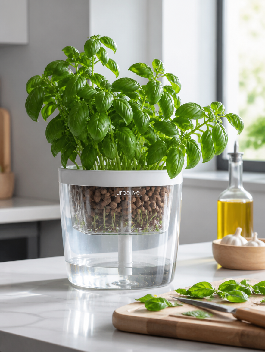 Self-watering planter with herbs on kitchen counter