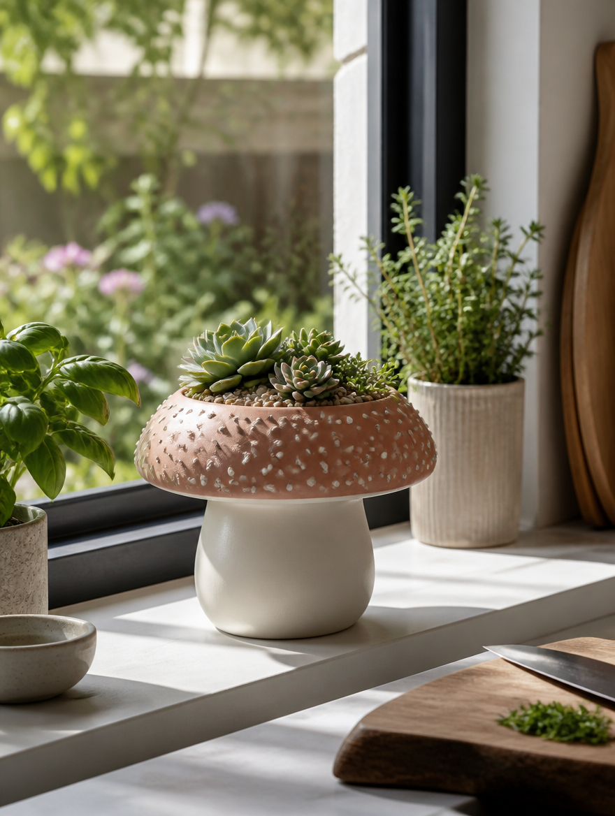 Mushroom planter on kitchen windowsill