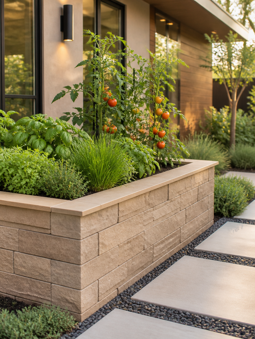 Raised garden bed with herbs by home exterior