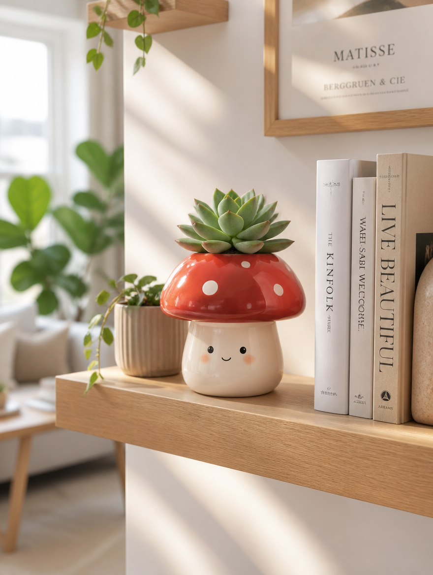 Mushroom planter on Scandinavian living room shelf