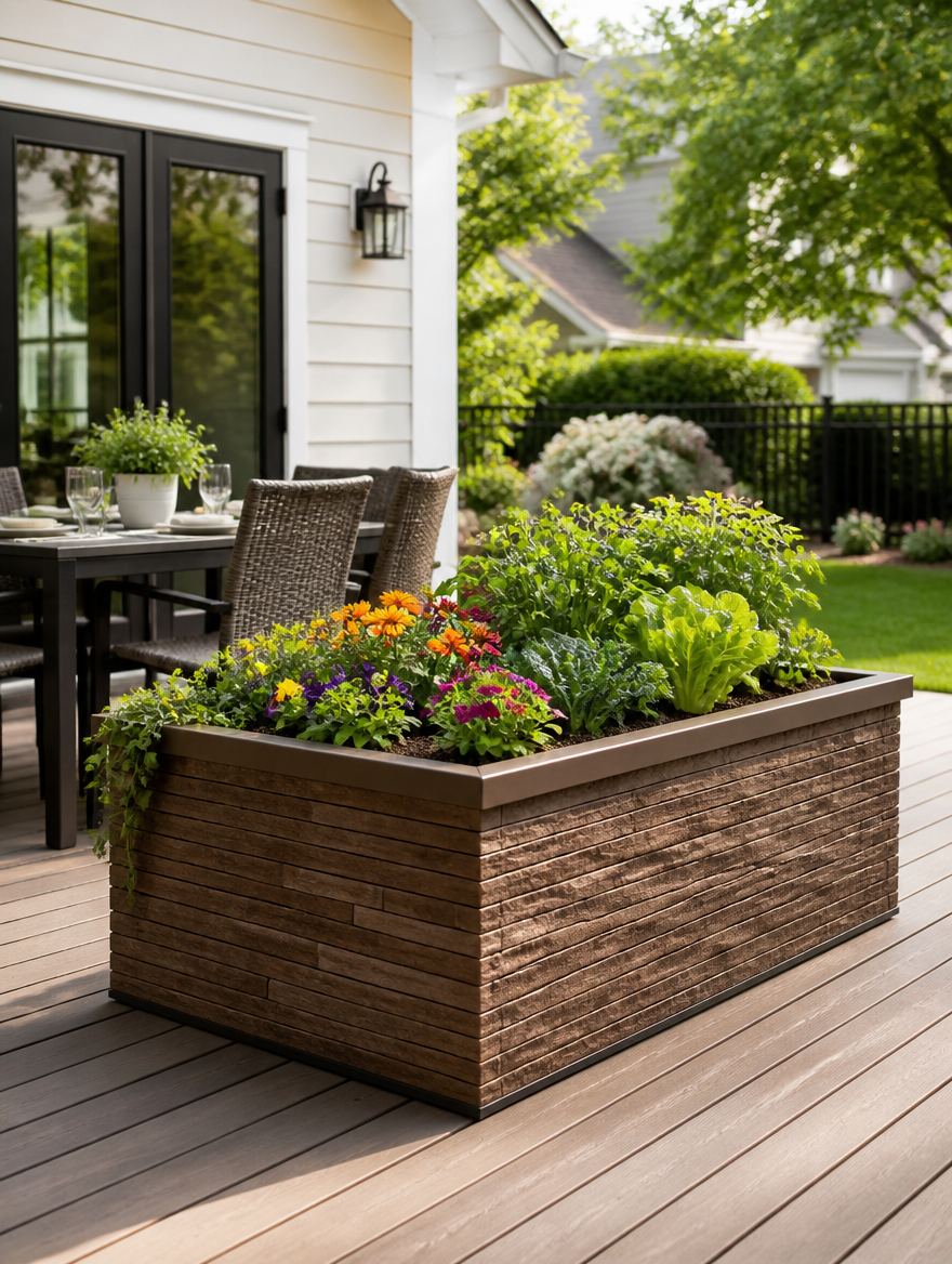 Garden bed growing flowers on deck