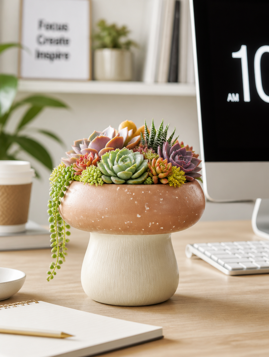 Mushroom succulent planter on home office desk