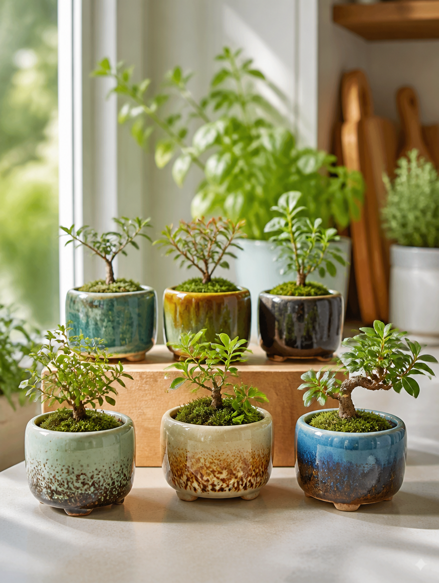 Kiln-Glazed Mini Bonsai Pot Set on windowsill garden