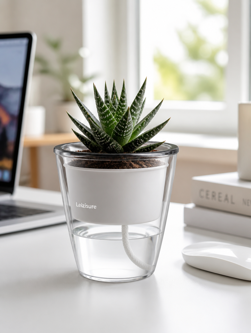 Transparent Self-Watering Plant Pot on home office desk