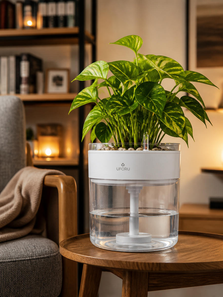 Transparent Self-Watering Plant Pot by reading chair