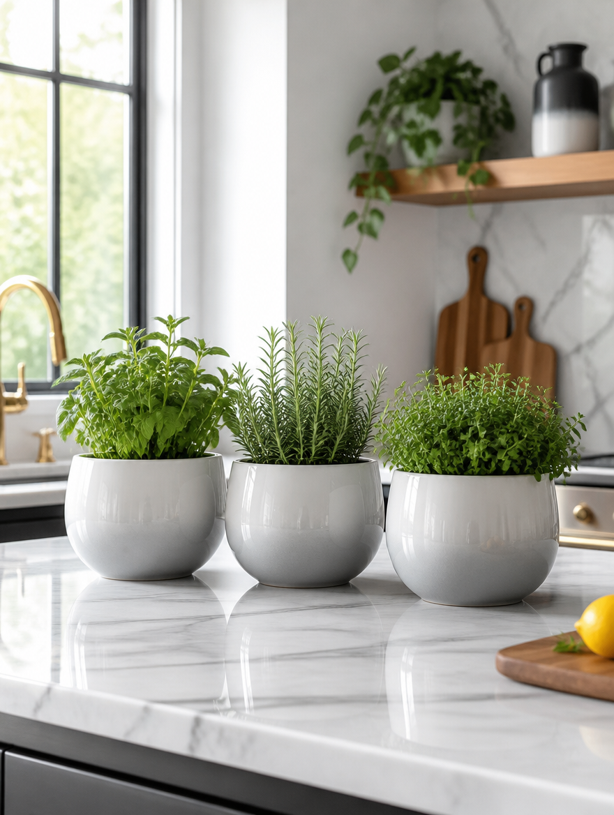 Ceramic Round Planter Set on kitchen island