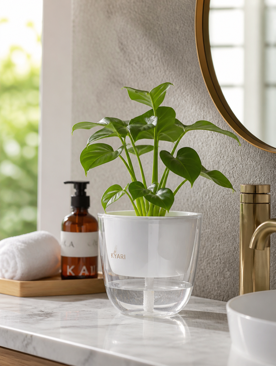 Transparent Self-Watering Plant Pot on bathroom vanity