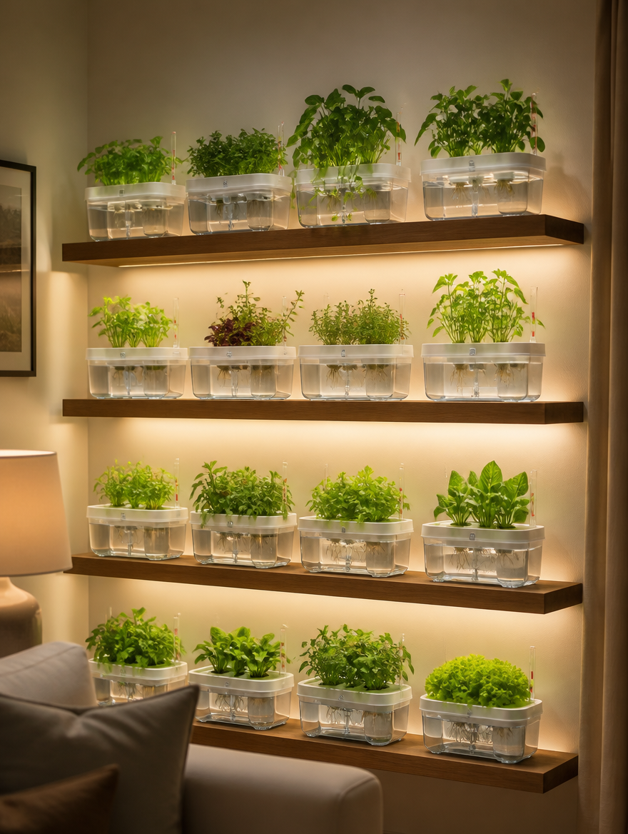 Self-Watering Hydroponic Planter Set on living room shelves