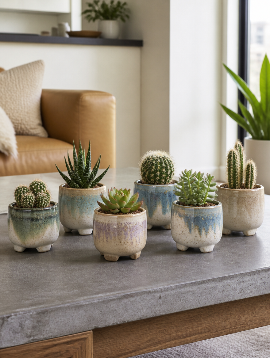 Kiln-Glazed Mini Bonsai Pot Set on coffee table