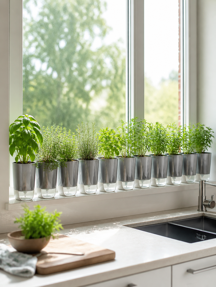 Self-Watering Hydroponic Planter Set on kitchen windowsill