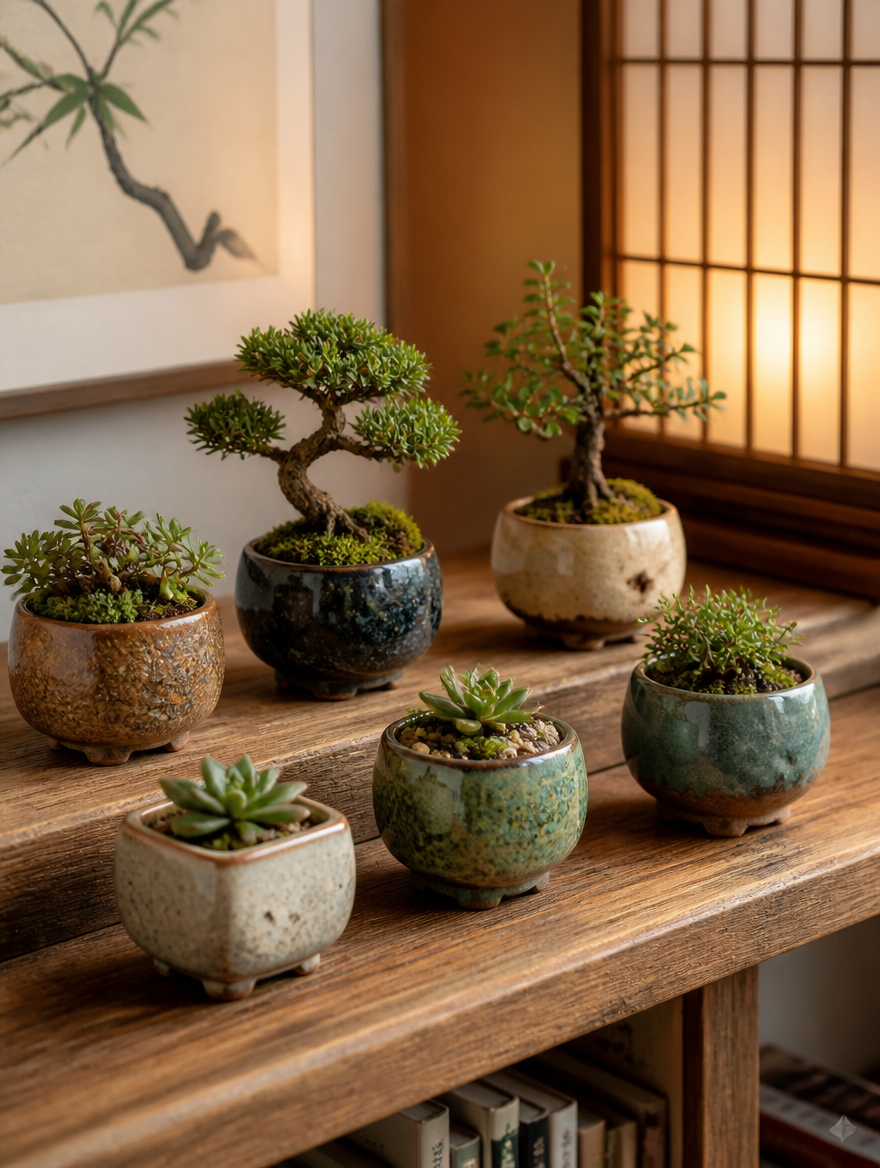 Kiln-Glazed Mini Bonsai Pot Set on rustic shelf