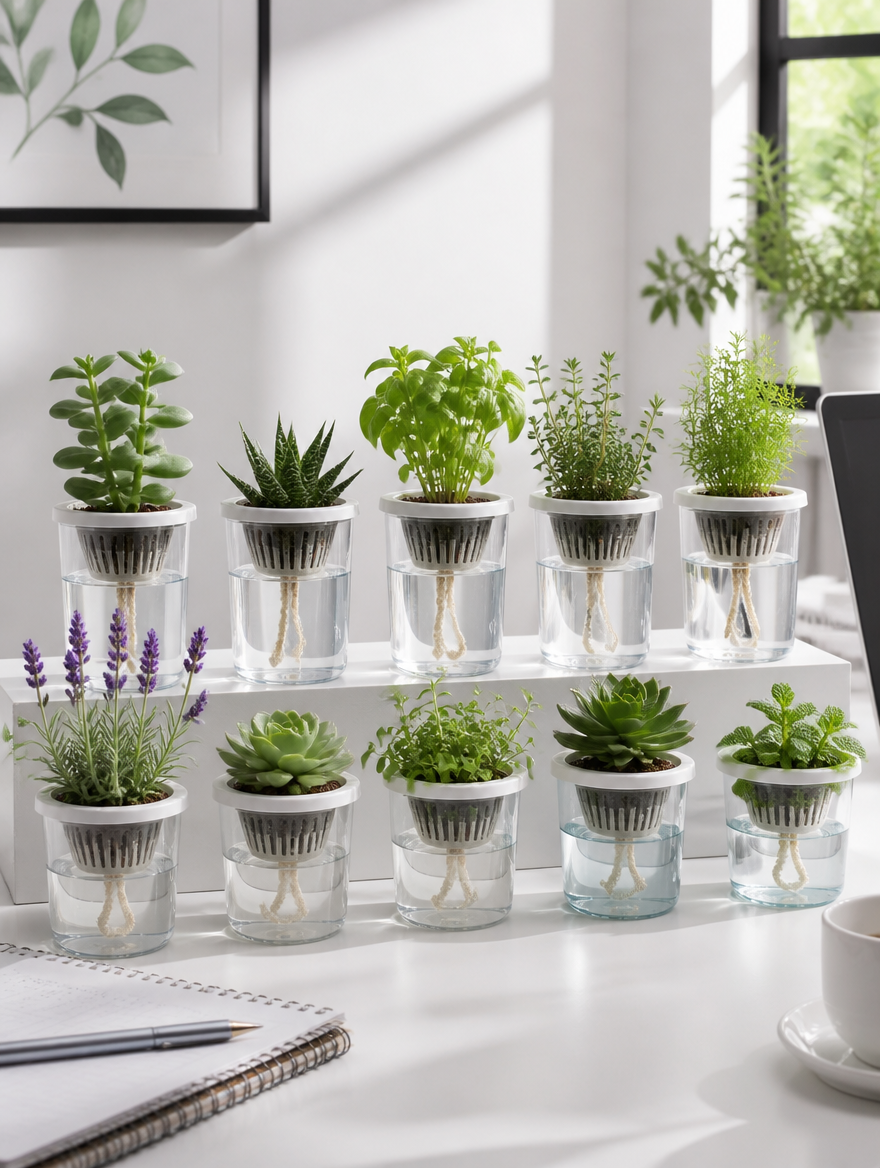Self-Watering Hydroponic Planter Set in home office